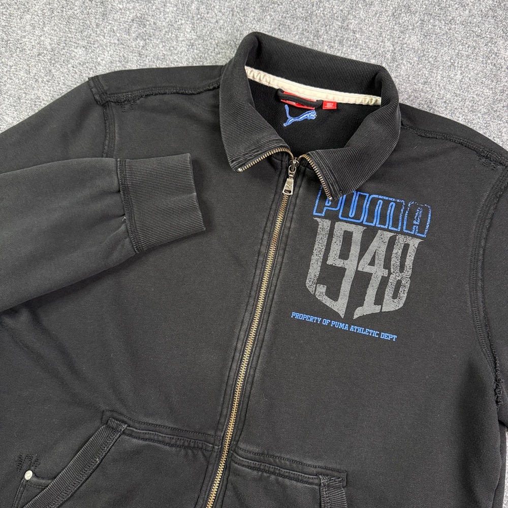 Puma Mens Full Zip Sweatshirt Jacket L Black 1948 Athletic Distressed Y2K Retro